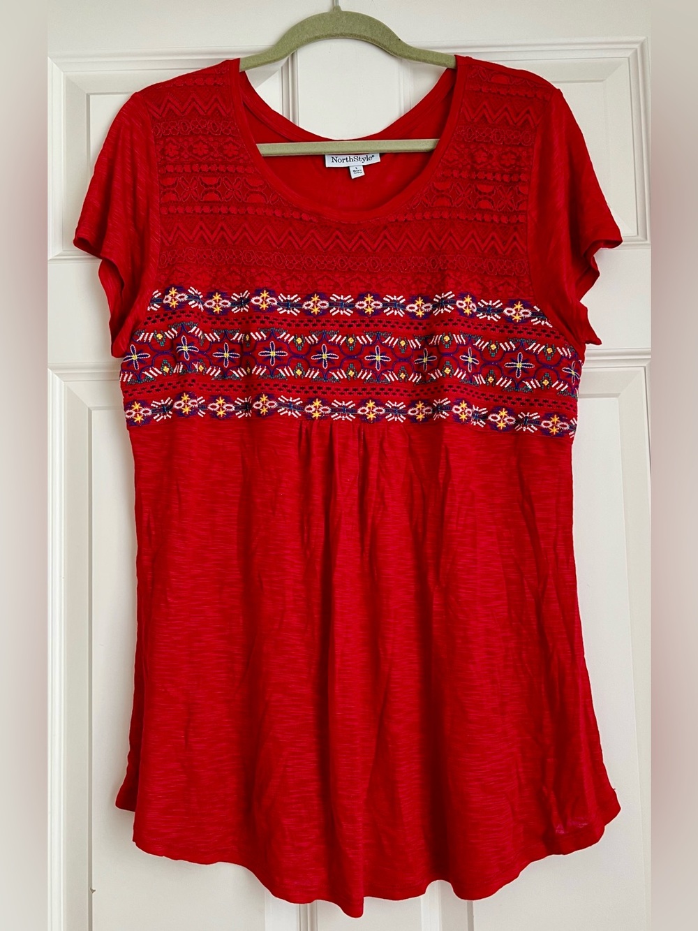 NorthStyle Red Embroidered Scoop-Neck Blouse Size L